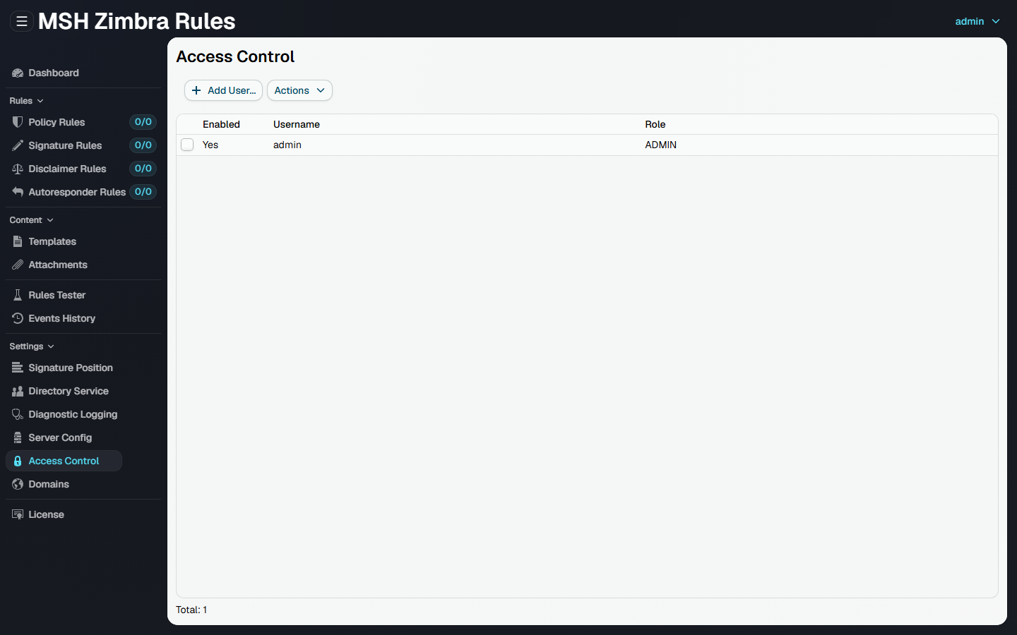 The Access Control page, listing the default admin account with the ADMIN role
