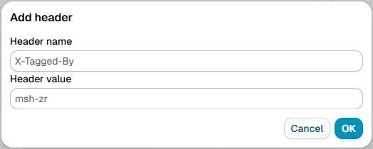 The Add header dialog, with the header name and header value fields