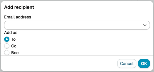 The Add recipient dialog, with an email address field and To, Cc and Bcc options