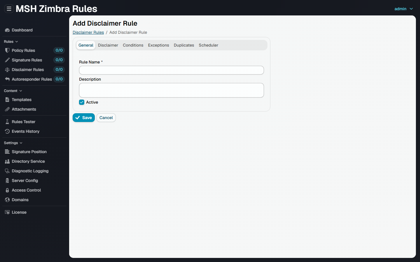 The Add Disclaimer Rule form, with General, Disclaimer, Conditions, Exceptions, Duplicates and Scheduler tabs