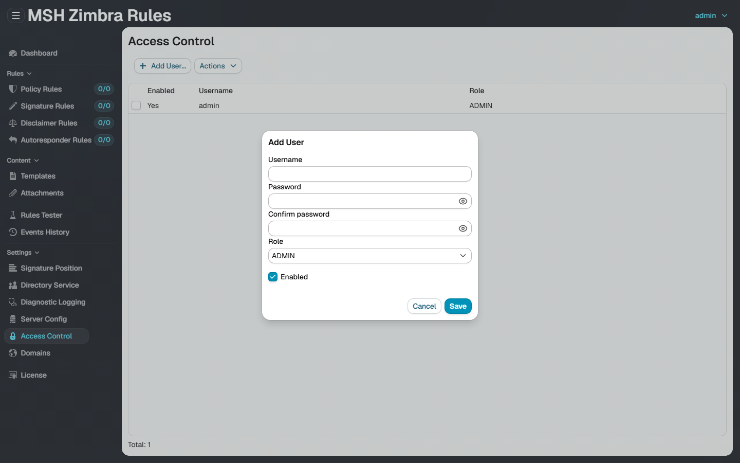 The Add User dialog, with username, password, confirmation, role and enabled fields
