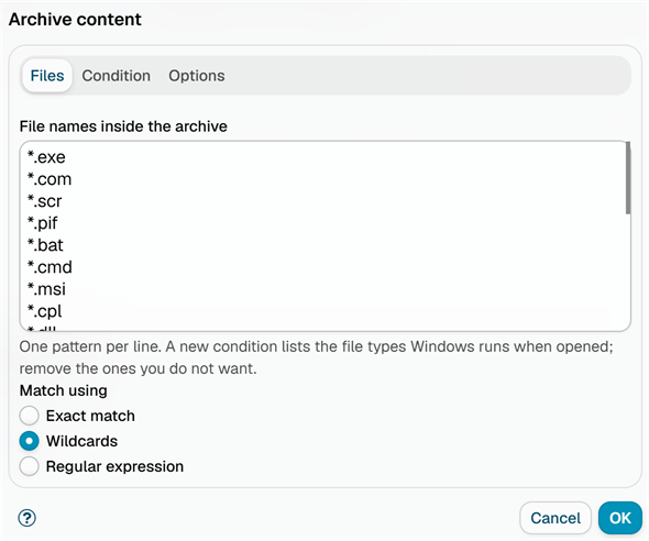The Files tab of the Archive content dialog, with the list of file name patterns, filled with the executable file types, and the Match using choice