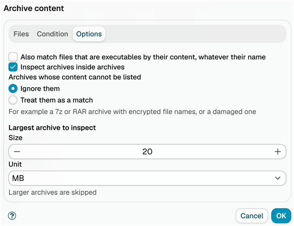 The Options tab of the Archive content dialog, with the executables by content and nested archives checkboxes, the choice for archives that cannot be listed, and the largest archive size to inspect