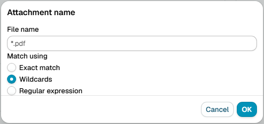 The Attachment name dialog, with a file name pattern and exact, wildcard and regular expression matching