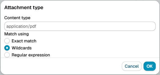 The Attachment type dialog, with a content type pattern and exact, wildcard and regular expression matching