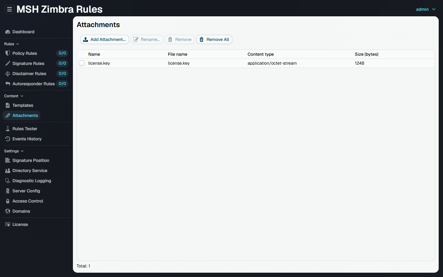 The Attachments page, listing an uploaded file with its name, content type and size