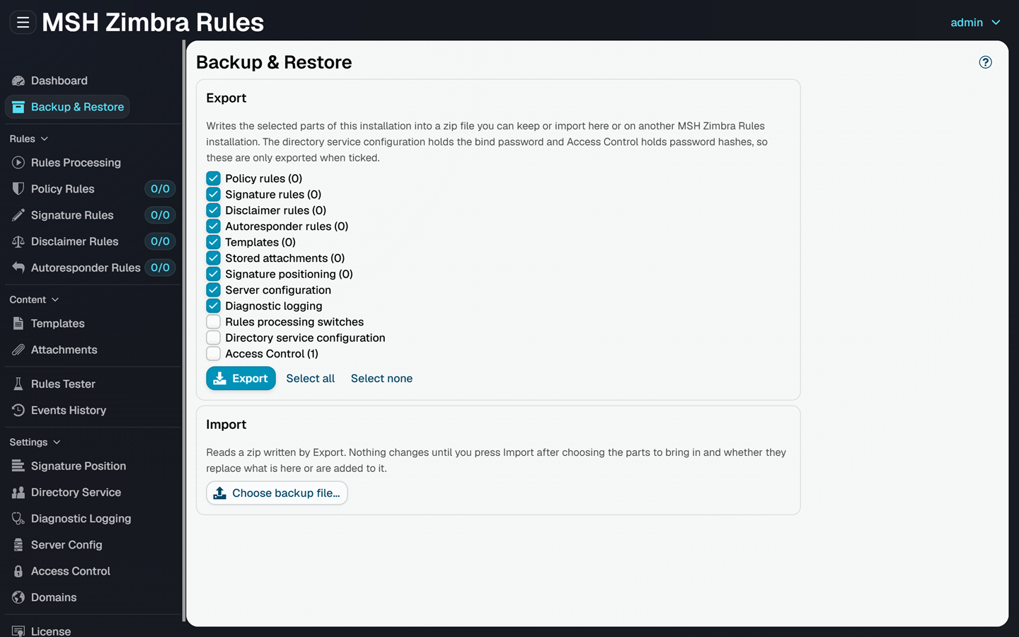 The Backup & Restore page, with the Export section listing the configuration sections to include and the Import section with the Choose backup file button