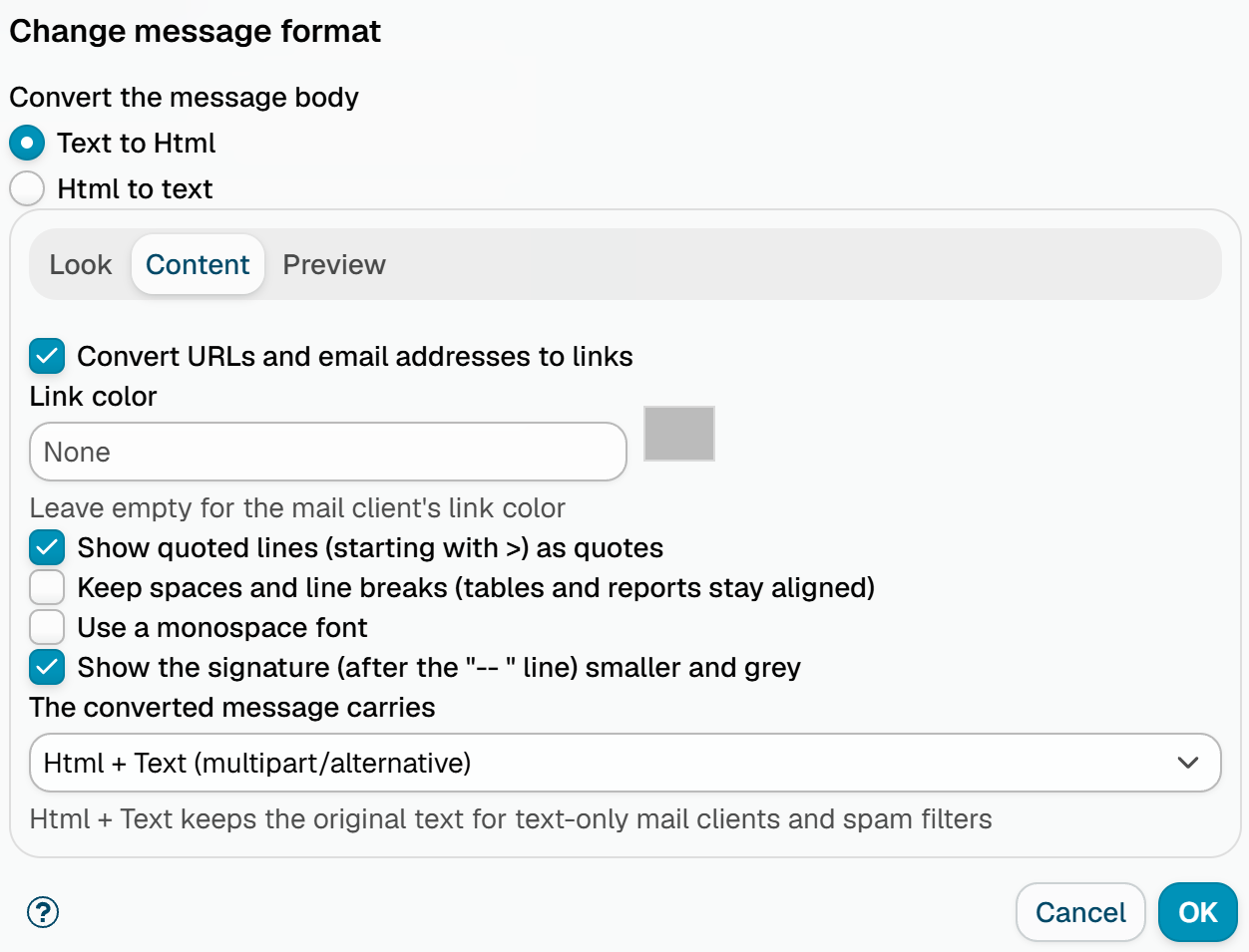 The Content tab of the Change message format dialog, with the link, quote, spacing, monospace and signature options and the choice of what the converted message carries