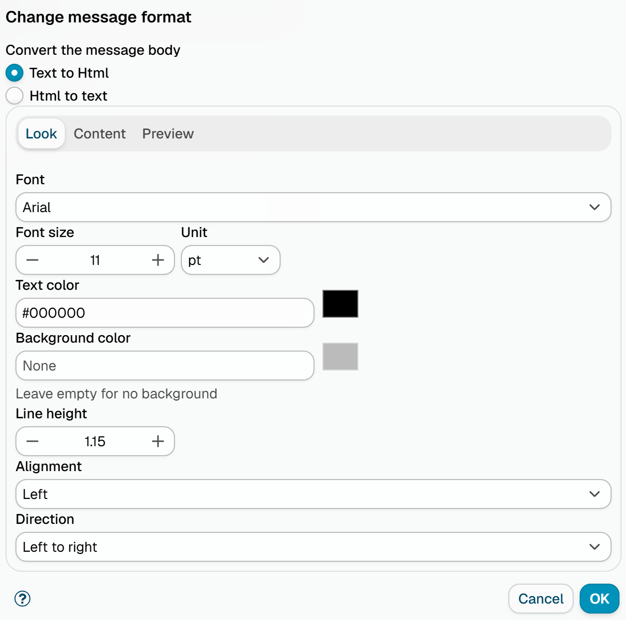 The Look tab of the Change message format dialog, with the font, font size and unit, text and background colors, line height, alignment and direction
