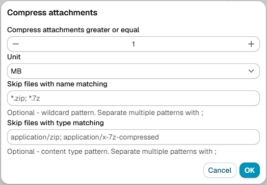 The Compress attachments dialog, with a size threshold and unit, and optional name and content type patterns to skip