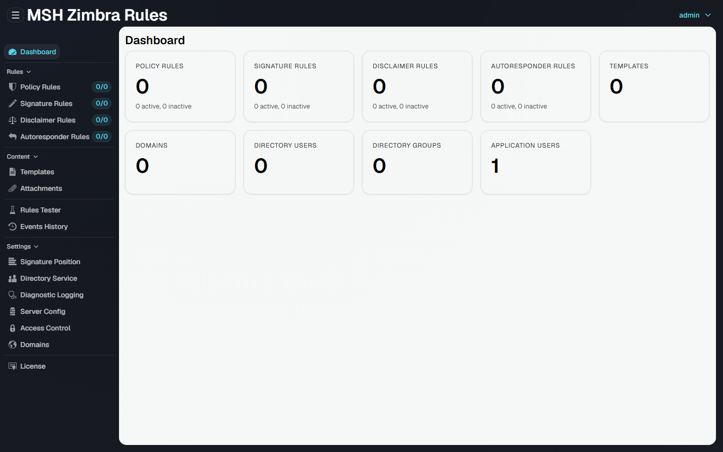 The Dashboard page of the administrator panel, showing summary cards for each rule type, templates, domains, directory users and groups, and application users