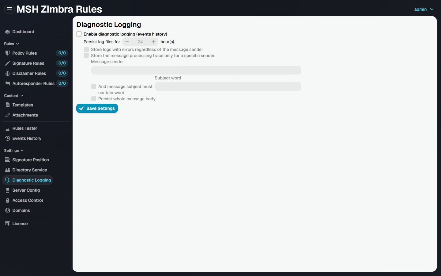 The Diagnostic Logging page, with the enable checkbox, retention period and sender filtering options