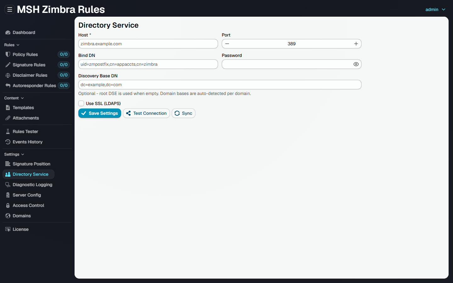 The Directory Service page, with host, port, bind DN, password and discovery base DN fields