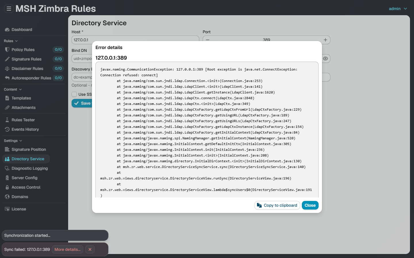 The Error details dialog after a failed sync, showing the LDAP connection stack trace and a Copy to clipboard button