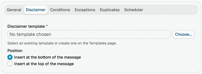 The Disclaimer tab of a disclaimer rule, with the Disclaimer template chooser and the Position options