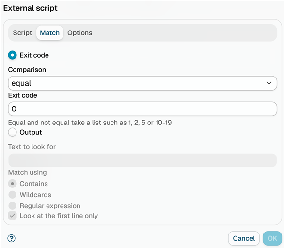 The Match tab of the External script dialog, with Exit code selected, the comparison and exit code fields, and the greyed out Output options