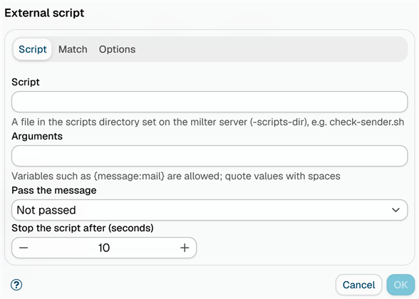 The Script tab of the External script dialog, with the Script and Arguments fields, the Pass the message choice and the timeout