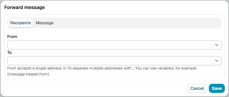The Forward message dialog, with the Recipients tab showing the From and To fields, and a Message tab