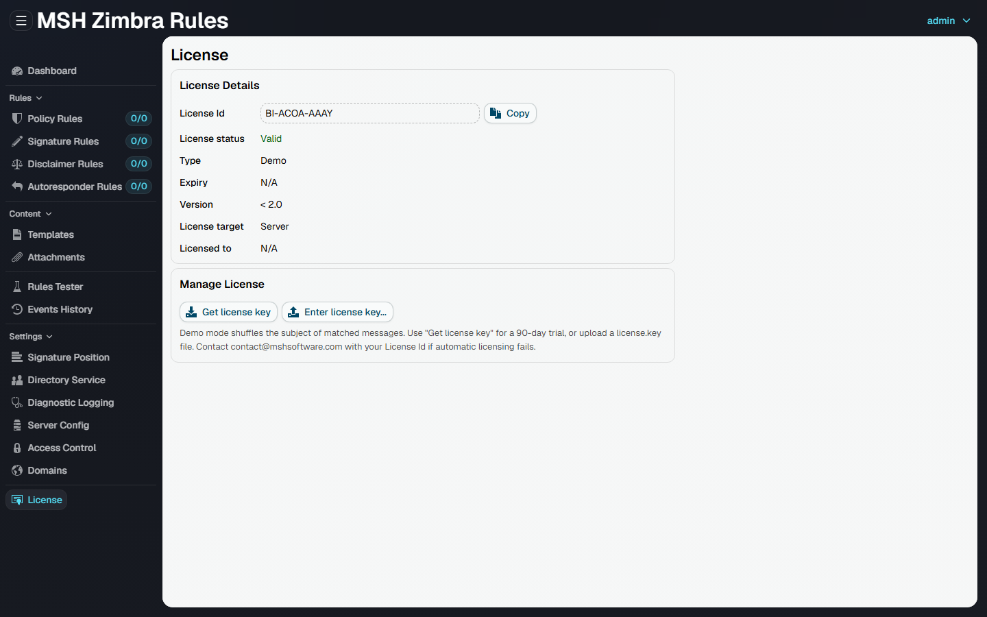 The License page, showing licence details and the Get license key and Enter license key buttons