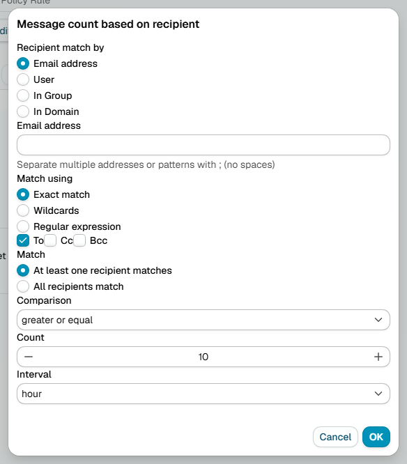 The Message count based on recipient dialog, with match by email address, user, group or domain, the To, Cc and Bcc checkboxes, a comparison, a count and an interval