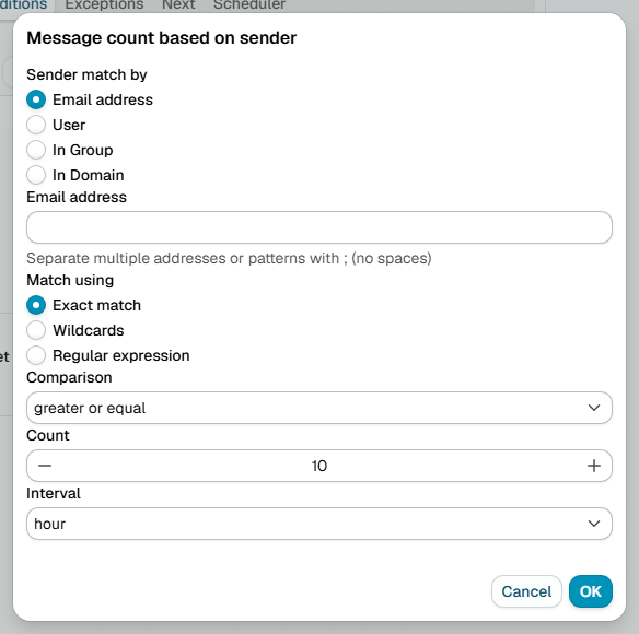 The Message count based on sender dialog, with match by email address, user, group or domain, a comparison, a count and an interval