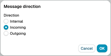 The Message direction dialog, with the internal, incoming and outgoing options