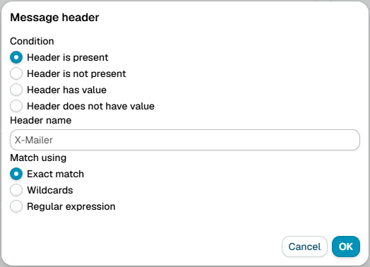 The Message header dialog, with the present, not present, has value and does not have value conditions, a header name and the matching options