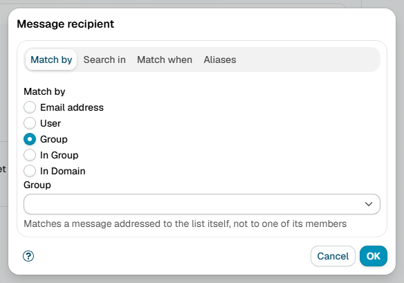 The Message recipient dialog with Match by set to Group, showing the list picker and its hint