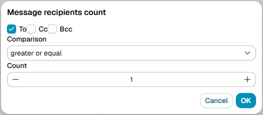The Message recipients count dialog, with the To, Cc and Bcc checkboxes, a comparison and a count