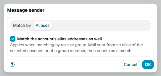 The Aliases tab of the Message sender dialog, with the checkbox to match the account's alias addresses as well