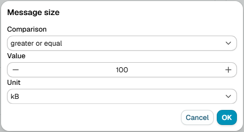 The Message size dialog, with a comparison, a value and a unit