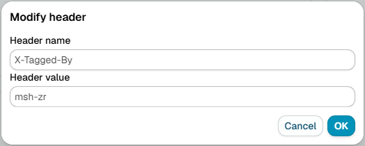 The Modify header dialog, with the header name and header value fields