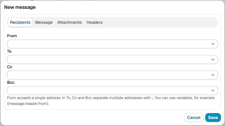 The New message dialog, with the Recipients tab showing the From, To, Cc and Bcc fields, and Message, Attachments and Headers tabs