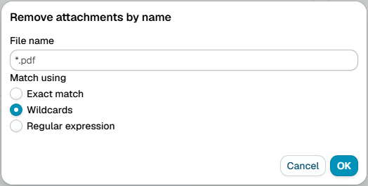 The Remove attachments by name dialog, with a file name pattern and exact, wildcard and regular expression matching