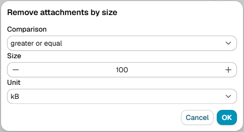 The Remove attachments by size dialog, with a comparison, a size and a unit