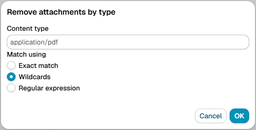 The Remove attachments by type dialog, with a content type pattern and exact, wildcard and regular expression matching