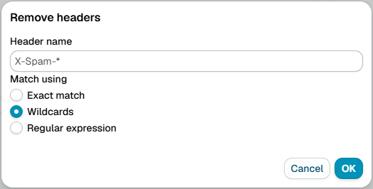 The Remove headers dialog, with a header name pattern and exact, wildcard and regular expression matching