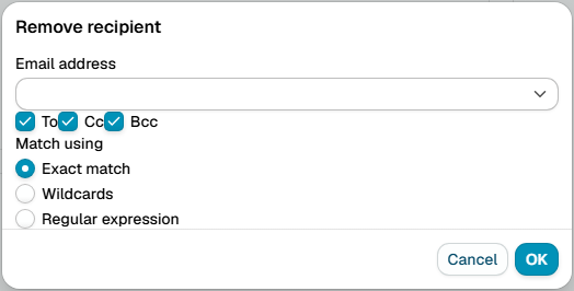 The Remove recipient dialog, with an email address, the To, Cc and Bcc checkboxes, and the matching options