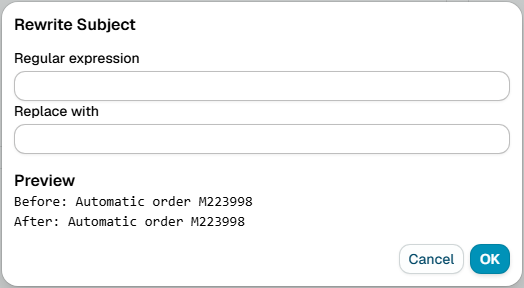 The Rewrite Subject dialog, with the regular expression and replace with fields and a before and after preview