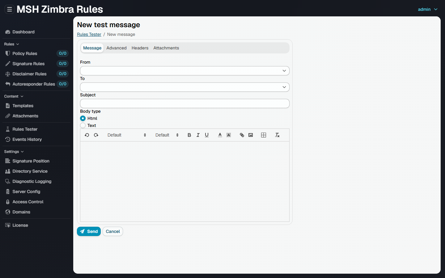 The New test message form, with From, To, Subject and body fields and Advanced, Headers and Attachments tabs