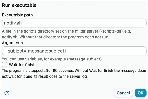 The Run executable dialog, with the executable path in the scripts directory, the arguments and the Wait for finish option, and the note that the program is stopped after 60 seconds