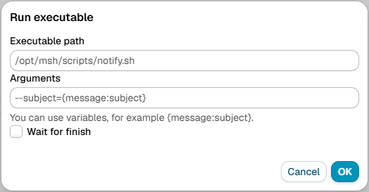 The Run executable dialog, with the executable path, arguments and the wait for finish option