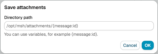 The Save attachments dialog, with a directory path that accepts variables