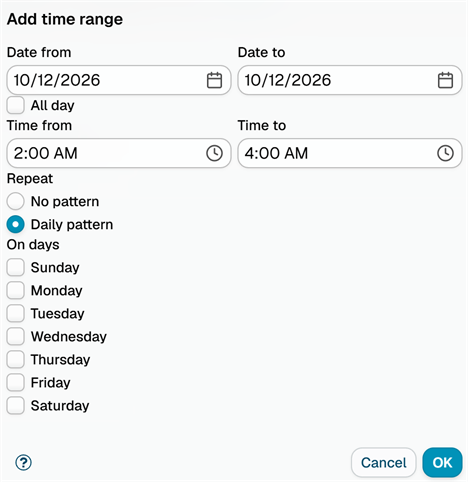 The Add time range dialog, with the dates from and to, the All day checkbox, the times from and to, the Repeat choice and the days of the week