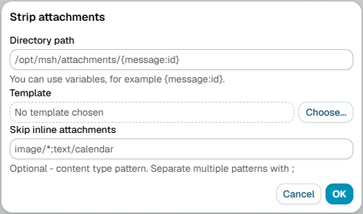 The Strip attachments dialog, with a directory path, a template chooser and a pattern for inline attachments to skip