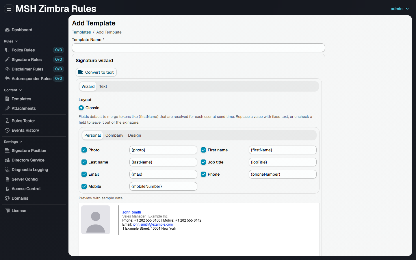 The signature wizard, with per-field merge tokens such as firstName and a live preview of the resulting signature