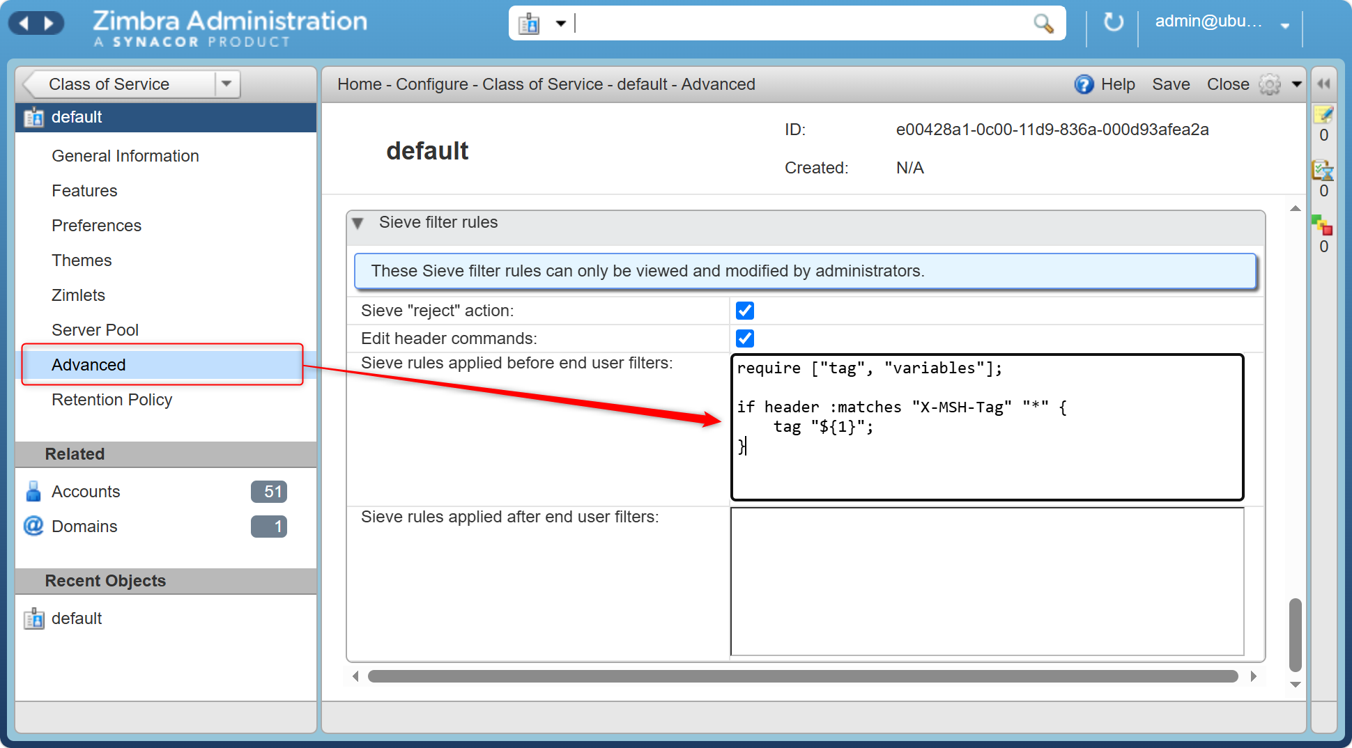 The Advanced page of the default class of service in the Zimbra admin console, with the Sieve filter rules section: the Sieve reject action and Edit header commands checkboxes, and text boxes for the Sieve rules applied before and after end user filters