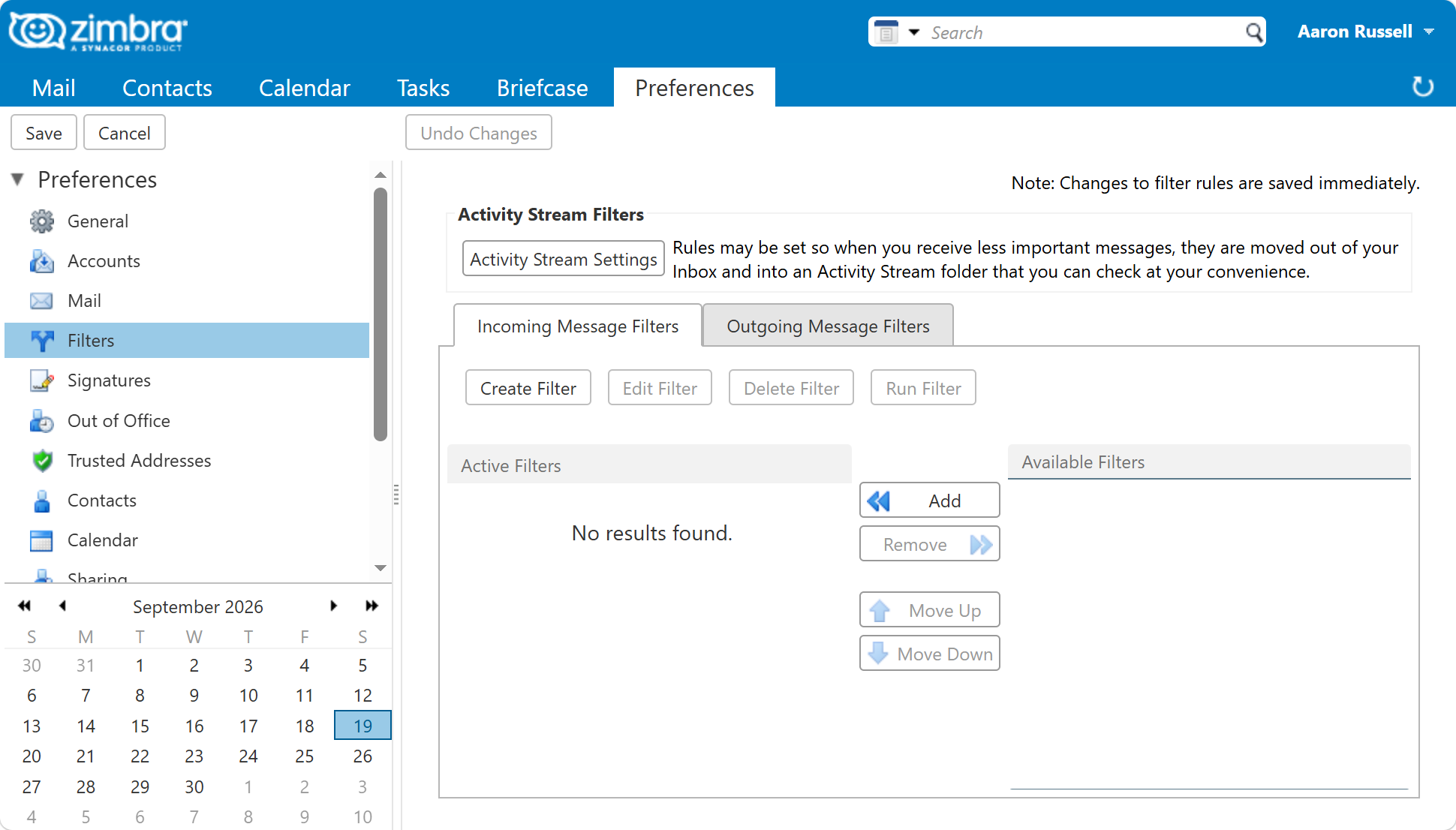 The Filters page in the Zimbra web client preferences, with the Incoming Message Filters and Outgoing Message Filters tabs and the Create Filter, Edit Filter, Delete Filter and Run Filter buttons