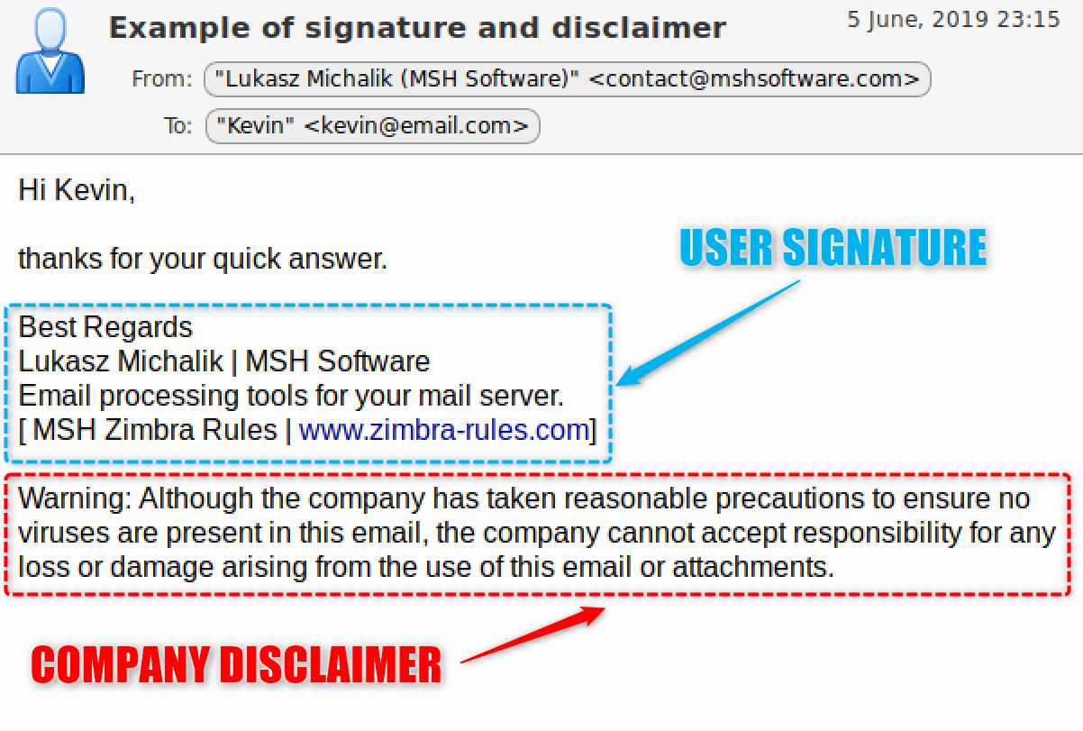 User personalized signature and company wide disclaimer.