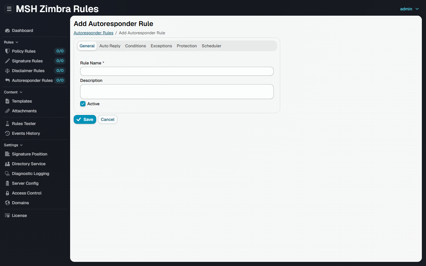 The Add Autoresponder Rule form in the Administrator Panel, with General, Auto Reply, Conditions, Exceptions, Protection and Scheduler tabs